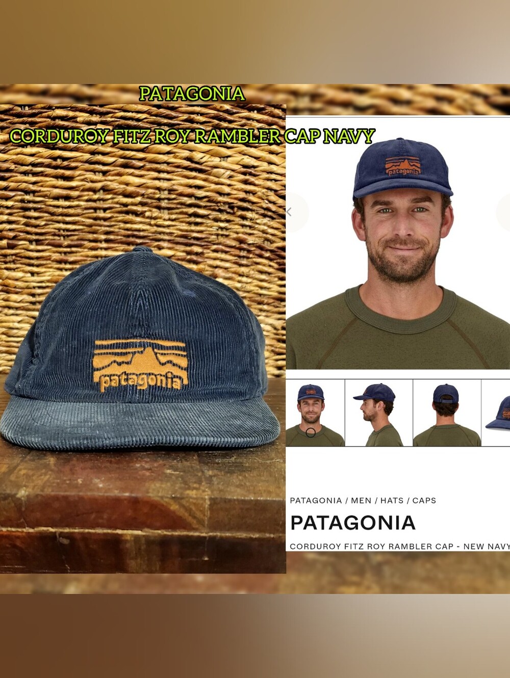 Patagonia Hat Mens Snapback Navy Blue Corduroy Fitz Roy Logo Cap Gorpcore